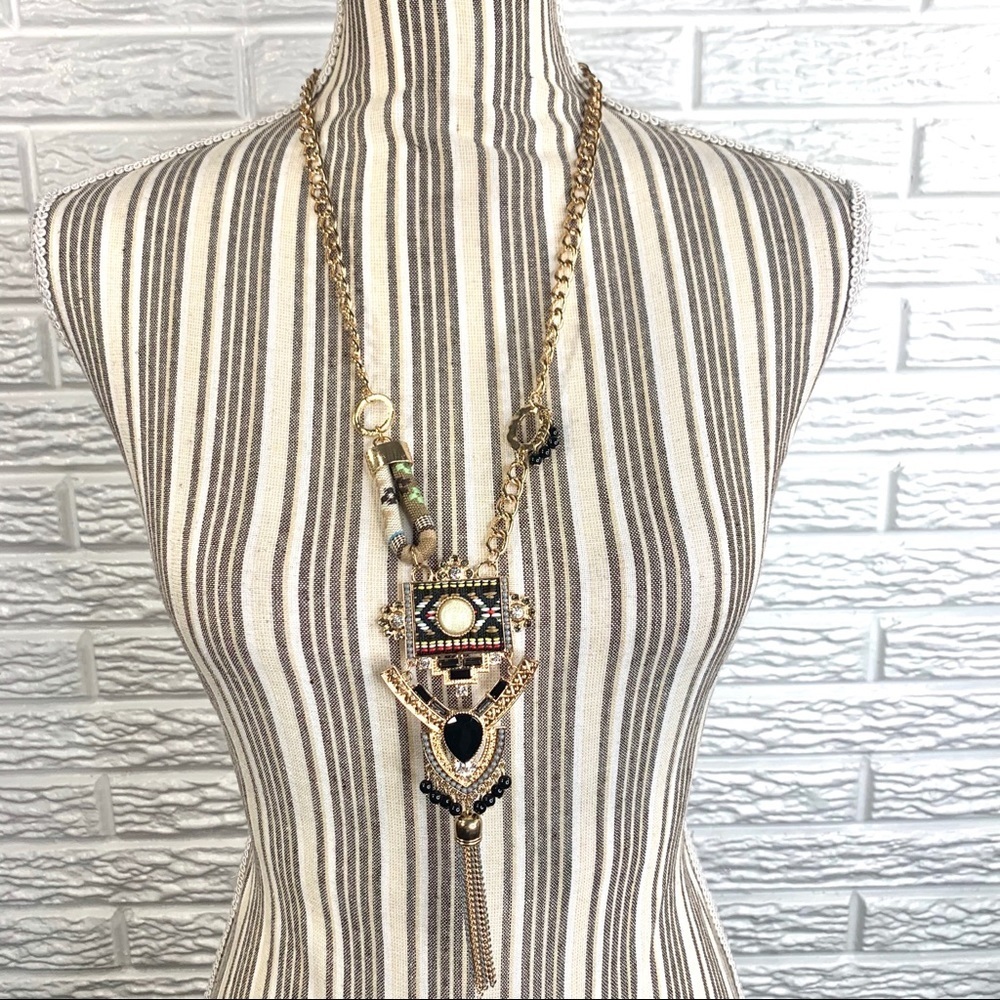 Long Gold Aztec Rhinestone Statement Necklace